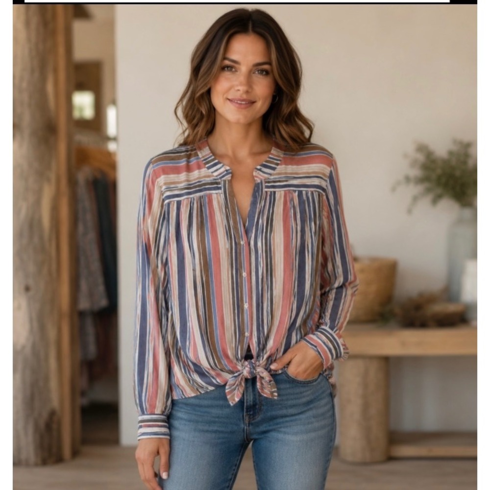 Hope & Harlow Blouse Women Small Multi-color Striped Tie Front Roll Tab Sleeves